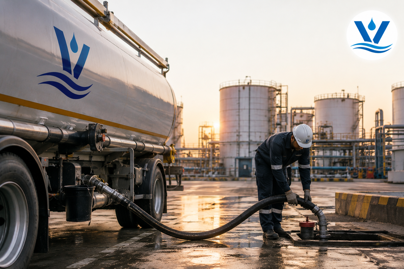 Bulk fuel purchasing and industrial petroleum supply operations with tanker truck and storage facility