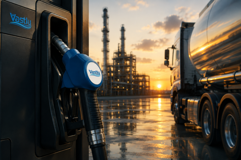 Vastly branded fuel pump with tanker truck at sunset refinery.