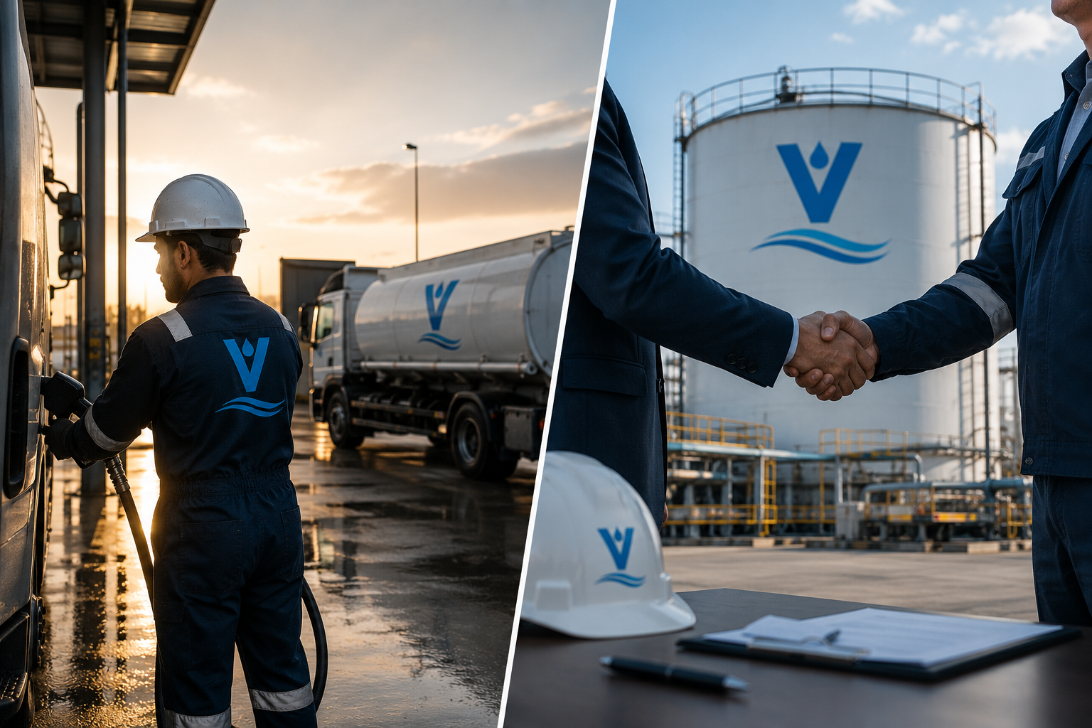 Split-scene industrial image showing fuel delivery operations and business partnership handshake at a Vastly-branded fuel facility.