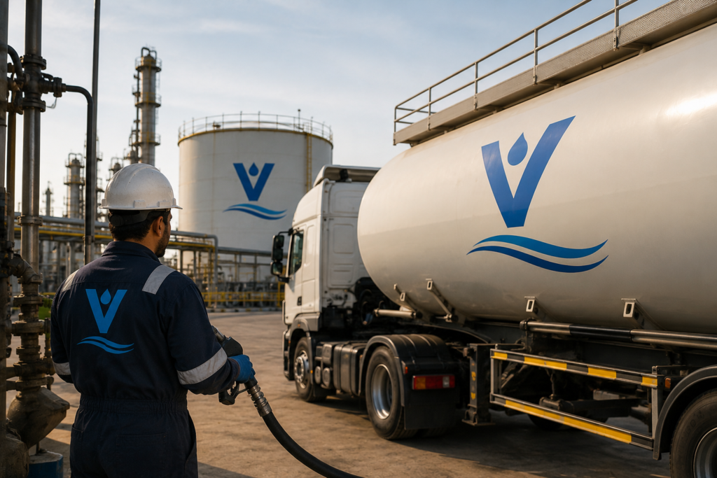 Industrial fuel delivery scene with Vastly-branded tanker truck and worker managing fuel operations at a modern refinery facility
