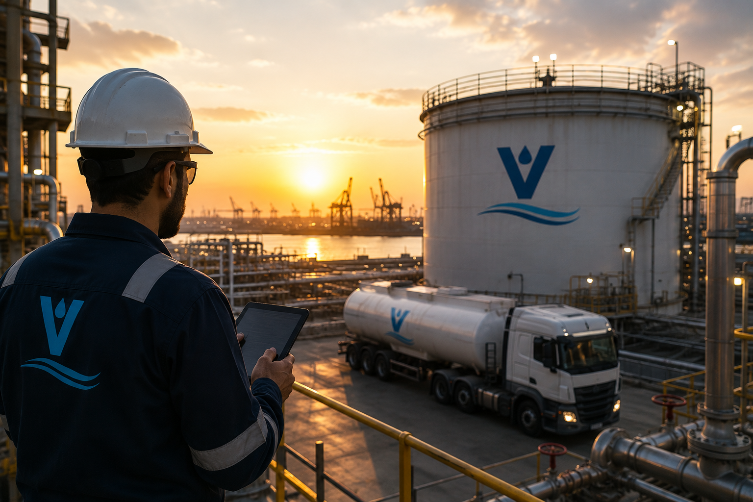 Oil industry professional monitoring fuel operations at a Vastly-branded refinery and tanker facility during sunset in the UAE