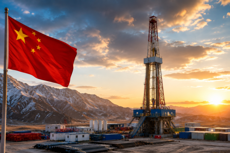 China shale gas drilling site with modern energy infrastructure and national flag.