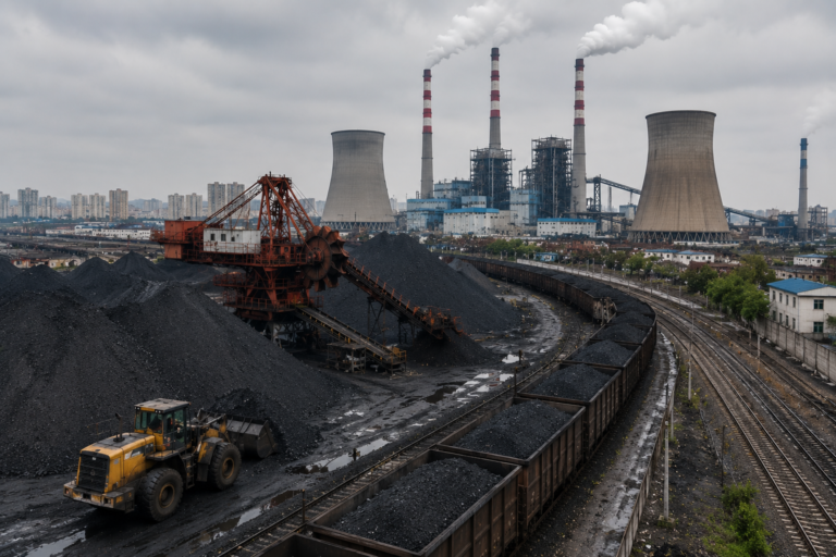 Coal-fired power plant with coal yard and industrial infrastructure in China.