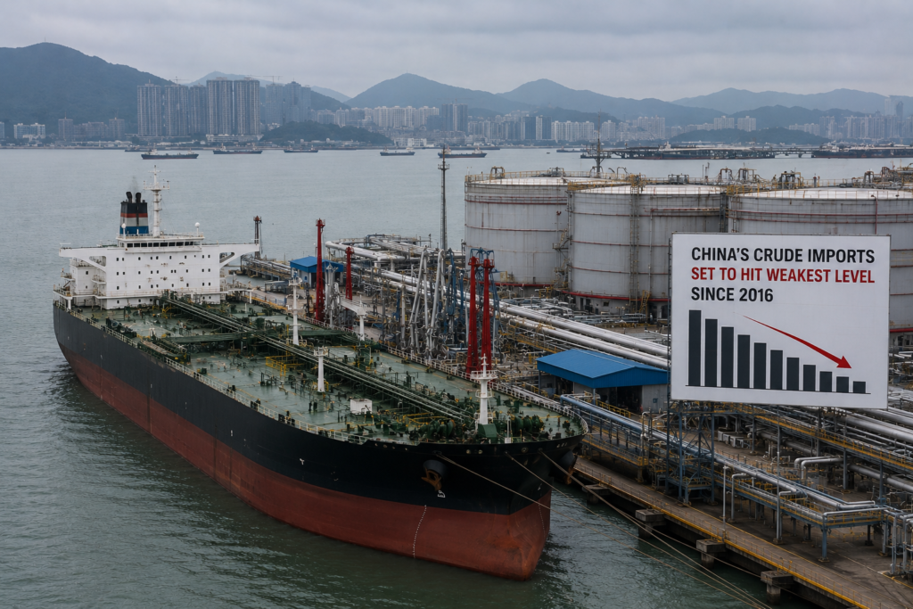 Photorealistic crude oil tanker docked at a large Chinese oil import terminal with storage tanks, pipelines, and port infrastructure under an overcast sky, representing declining crude oil imports and reduced energy demand.
