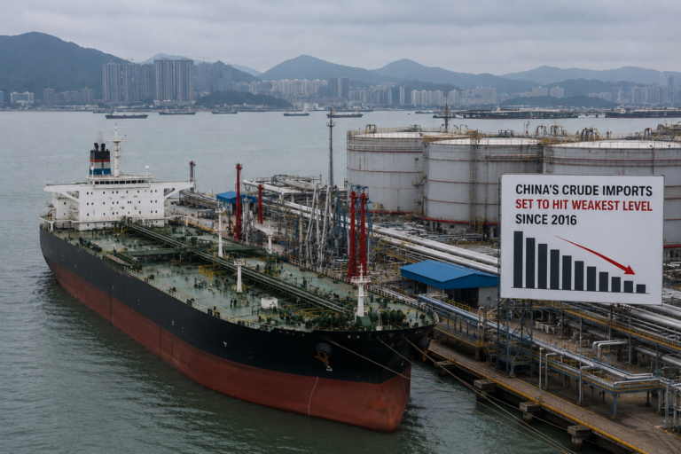 Photorealistic crude oil tanker docked at a large Chinese oil import terminal with storage tanks, pipelines, and port infrastructure under an overcast sky, representing declining crude oil imports and reduced energy demand.