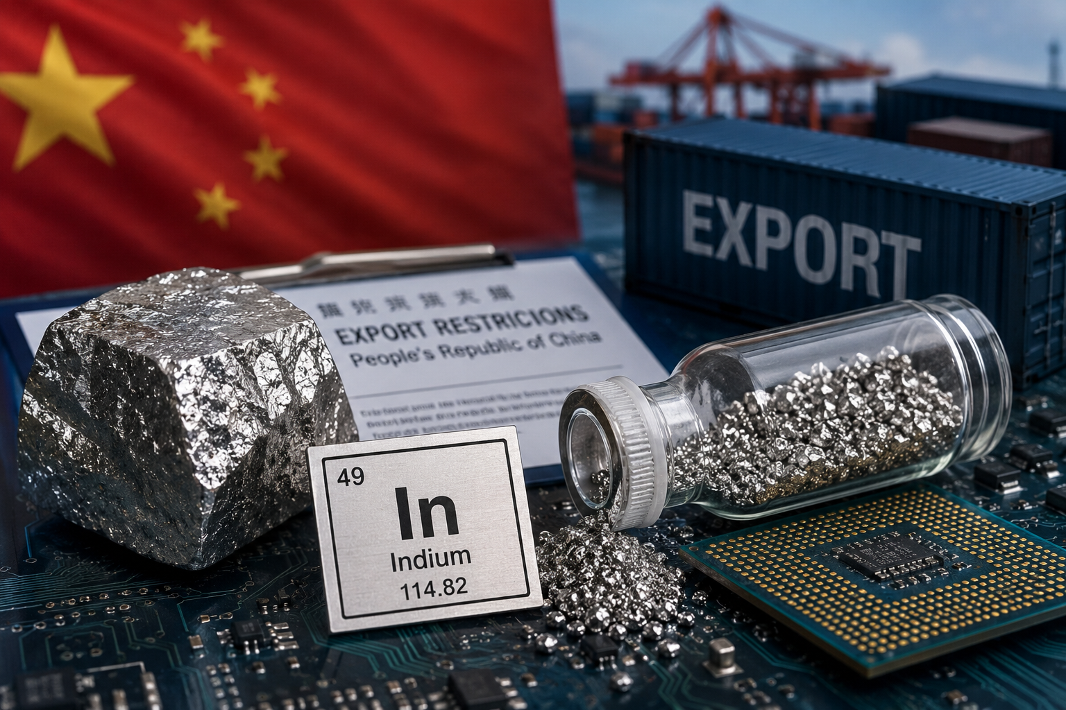Close-up of indium metal samples and semiconductor components with a Chinese flag and export shipping containers in the background, representing China's increased scrutiny of indium exports amid growing AI chip demand.