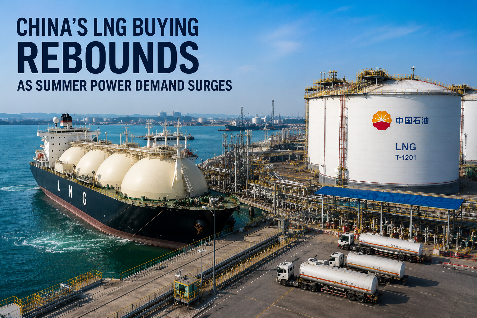 NG carrier unloading at a modern LNG import terminal in China.