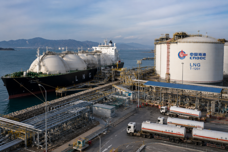LNG carrier unloading at a modern import terminal in China.