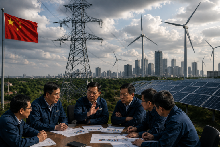 Energy sector professionals reviewing renewable power infrastructure projects with wind turbines, solar farms, high-voltage transmission lines, and a modern urban skyline in the background, representing China's efforts to integrate renewable energy into the national grid.