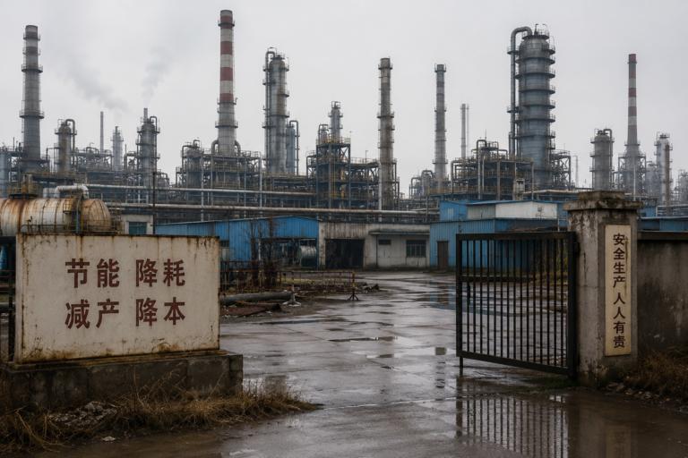 Industrial oil refinery complex in China with refining towers, pipelines, and processing units operating under overcast skies, representing reduced activity at independent teapot refineries amid weaker demand and tighter margins.