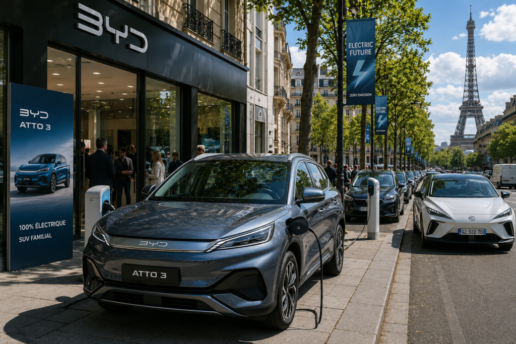 Electric vehicles charging on a busy European city street with modern EV infrastructure, showcasing the growing adoption of electric mobility and the increasing presence of Chinese EV brands in Europe.