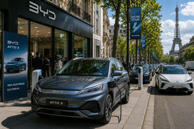 Electric vehicles charging on a busy European city street with modern EV infrastructure, showcasing the growing adoption of electric mobility and the increasing presence of Chinese EV brands in Europe.