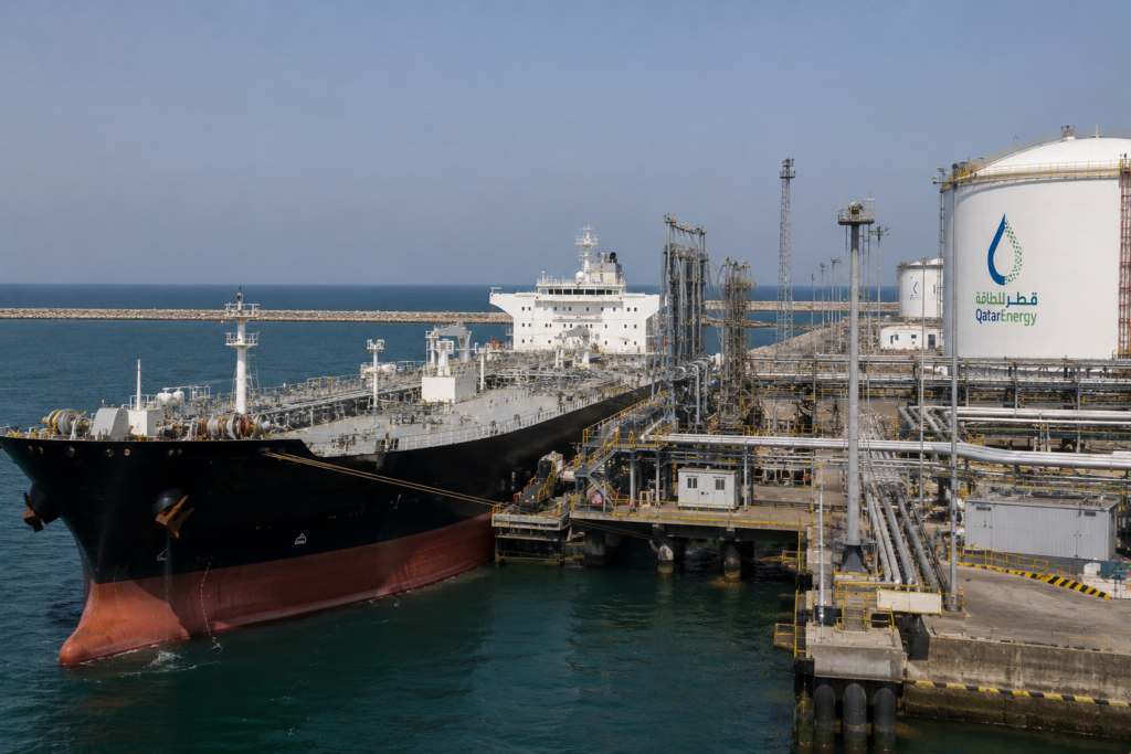 Crude oil tanker loading at a Qatar export terminal with modern energy infrastructure.