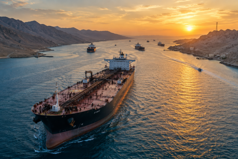 Large crude oil tanker transiting the Strait of Hormuz at sunset with multiple vessels navigating the strategic waterway, highlighting strong tanker market activity and global energy trade flows.