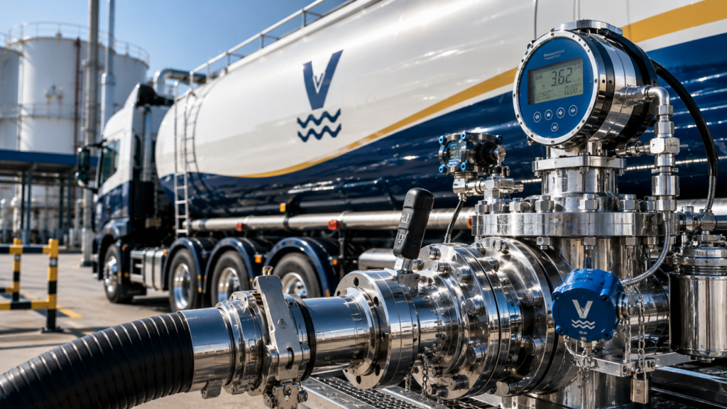 Close-up of a high-tech fuel transfer valve and digital pressure monitoring system on a Vastly-branded tanker truck, showcasing advanced fuel contamination prevention and quality assurance during transit.