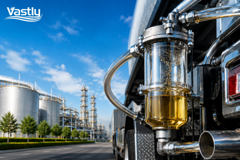Close-up of a transparent fuel filter system with clean fuel flowing through advanced industrial equipment, set against a bright blue sky and modern refinery background, featuring the Vastly logo to represent cleaner-burning fuel solutions and sustainable energy innovation.