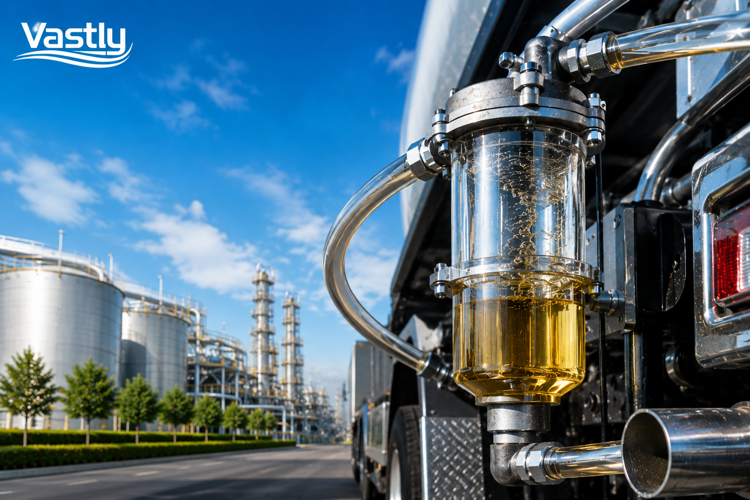 Close-up of a transparent fuel filter system with clean fuel flowing through advanced industrial equipment, set against a bright blue sky and modern refinery background, featuring the Vastly logo to represent cleaner-burning fuel solutions and sustainable energy innovation.