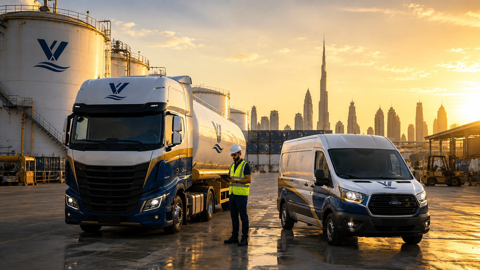Fleet manager reviewing fuel operations between a Vastly-branded tanker truck and commercial van at a modern logistics facility in Dubai during sunset.
