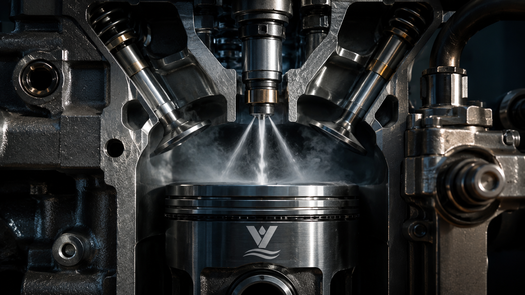 High-detail industrial engine piston and fuel injector system with precision fuel spray, showcasing fuel efficiency, engine performance, and advanced engineering technology.