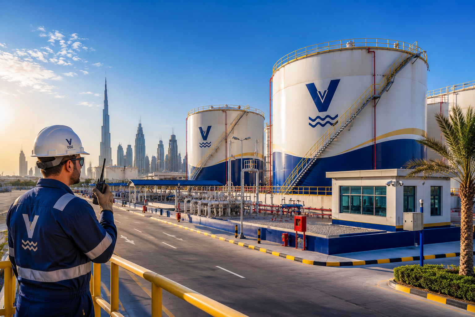 Modern Vastly-branded fuel storage tanks at a secure Dubai facility with advanced safety infrastructure, containment systems, and regulatory-compliant petroleum storage operations.