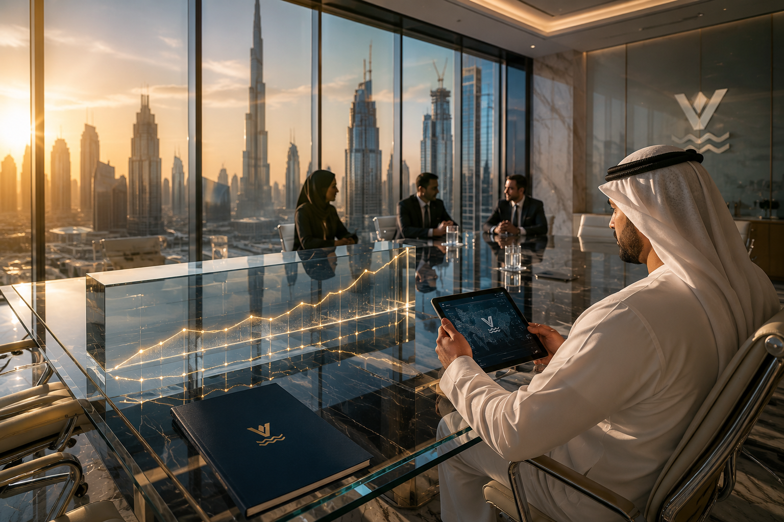 Executive boardroom in Dubai overlooking the skyline, featuring a glowing glass growth structure and business leaders reviewing fuel supply strategy with subtle Vastly branding.
