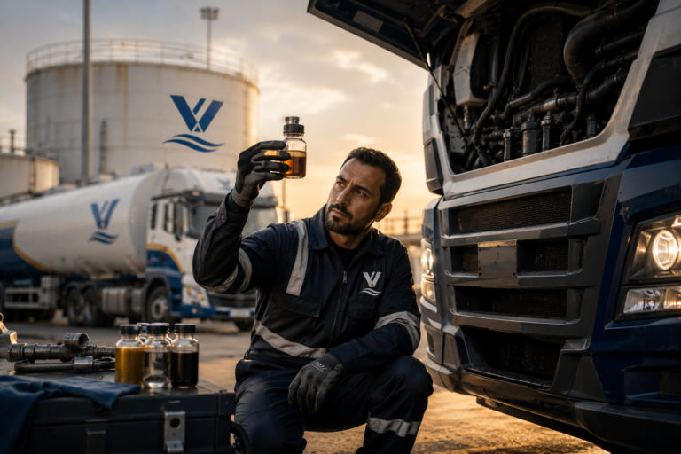 Technician inspecting a fuel sample beside a commercial truck at a Vastly fuel facility, highlighting fuel quality testing and equipment protection.