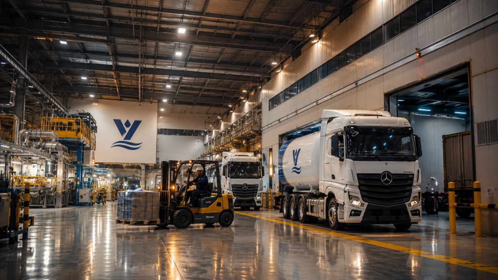 Modern automated manufacturing facility with Vastly-branded fuel tanker trucks, industrial machinery, and warehouse logistics operations in a high-tech industrial environment.