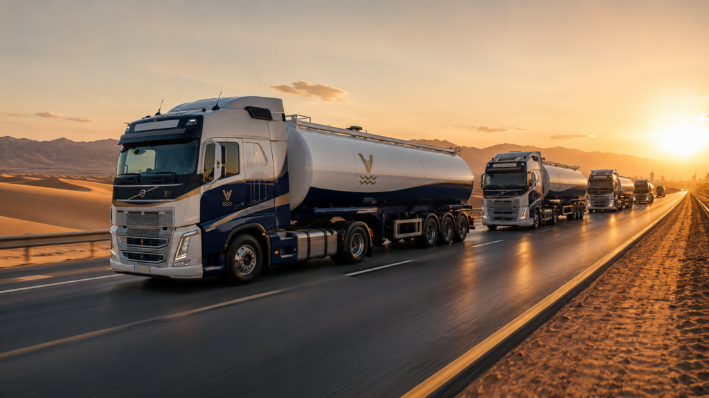 Fleet of Vastly-branded heavy-duty diesel transport trucks driving in formation on a UAE desert highway at sunset, representing fuel efficiency, fleet optimization, and reliable logistics operations.
