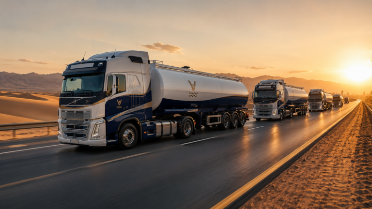 Fleet of Vastly-branded heavy-duty diesel transport trucks driving in formation on a UAE desert highway at sunset, representing fuel efficiency, fleet optimization, and reliable logistics operations.
