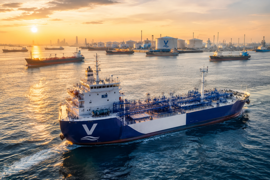 Vastly-branded fuel tanker ship navigating near a modern petroleum terminal at sunrise, representing reliable fuel supply, efficient logistics, and uninterrupted business operations.
