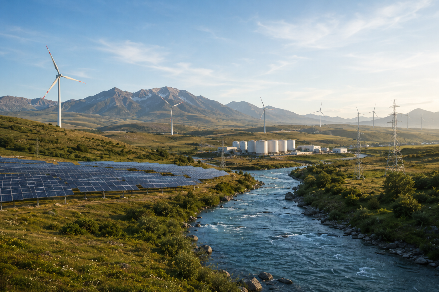 Photorealistic landscape featuring solar farms, wind turbines, green hydrogen infrastructure, and a flowing river integrated into lush natural surroundings, symbolizing sustainable energy and environmental harmony.