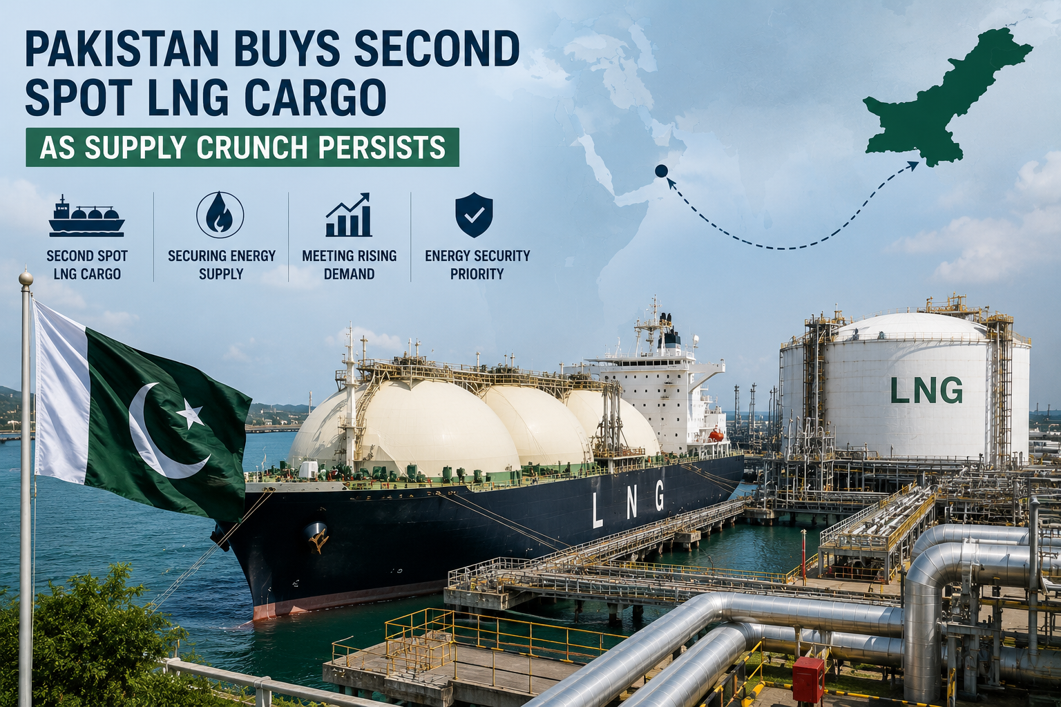 LNG carrier unloading at a modern import terminal supporting Pakistan's energy supply.