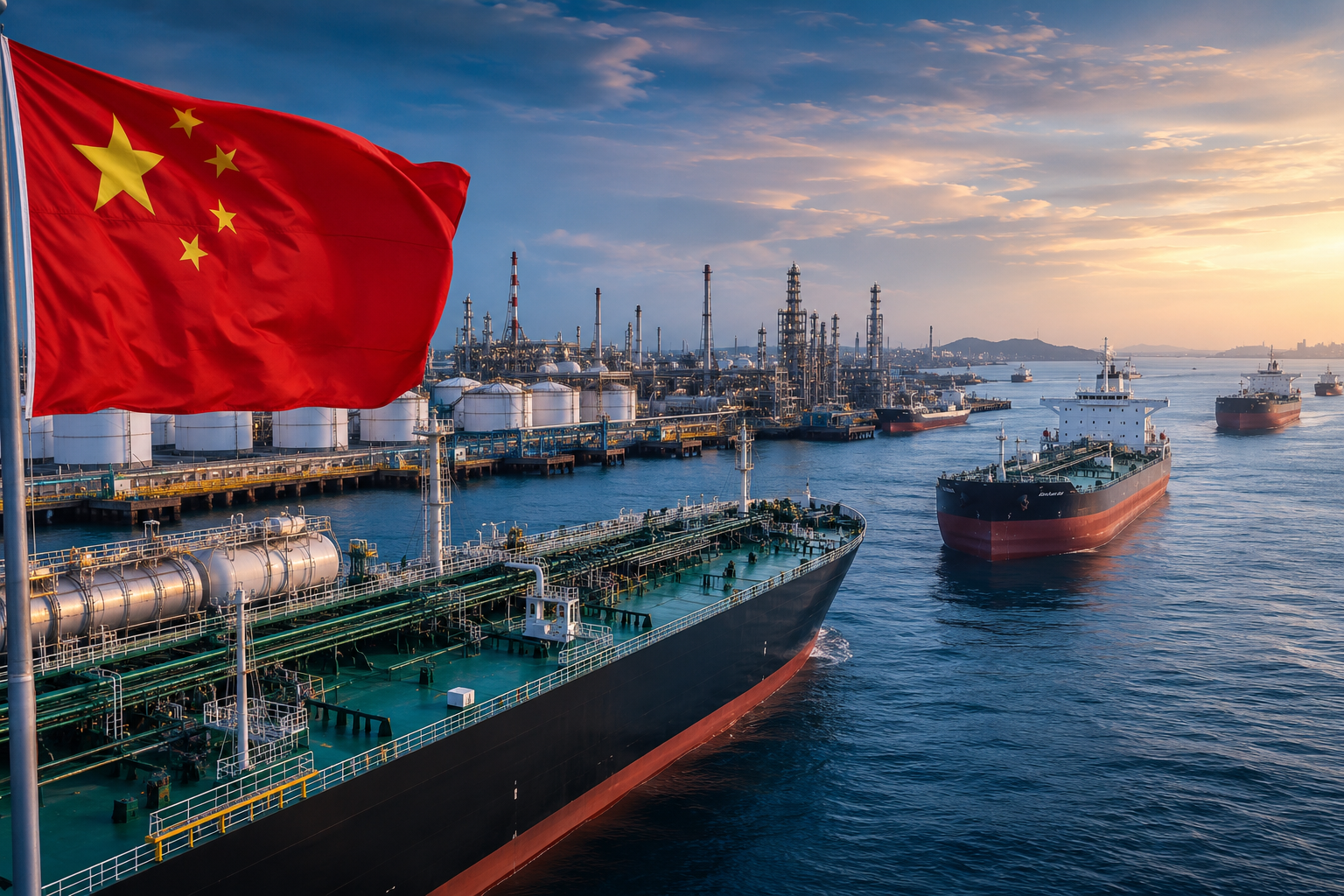 Ultra-realistic view of a Chinese coastal oil refinery with crude oil tankers loading fuel for overseas export, highlighting increased fuel shipments and large-scale refining operations.