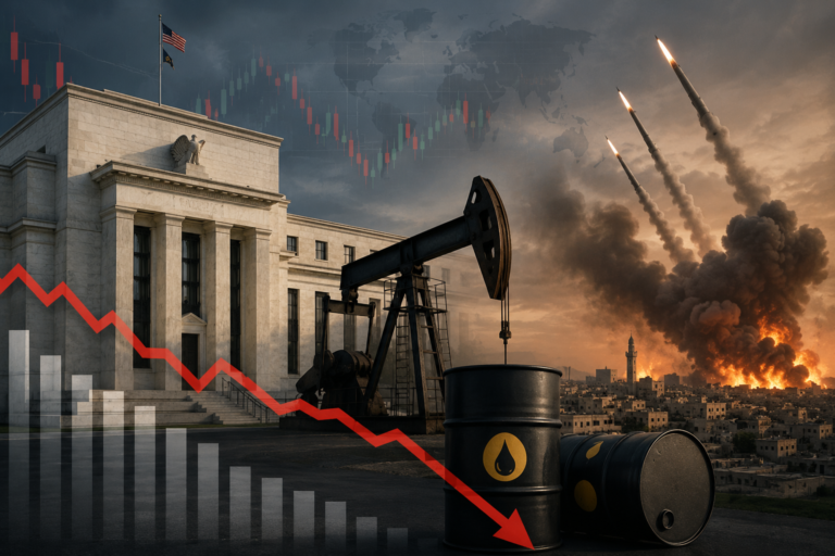 Editorial-style illustration of oil production equipment and financial market indicators against a backdrop of geopolitical conflict, representing expectations of cooling oil prices despite renewed tensions in the Middle East.