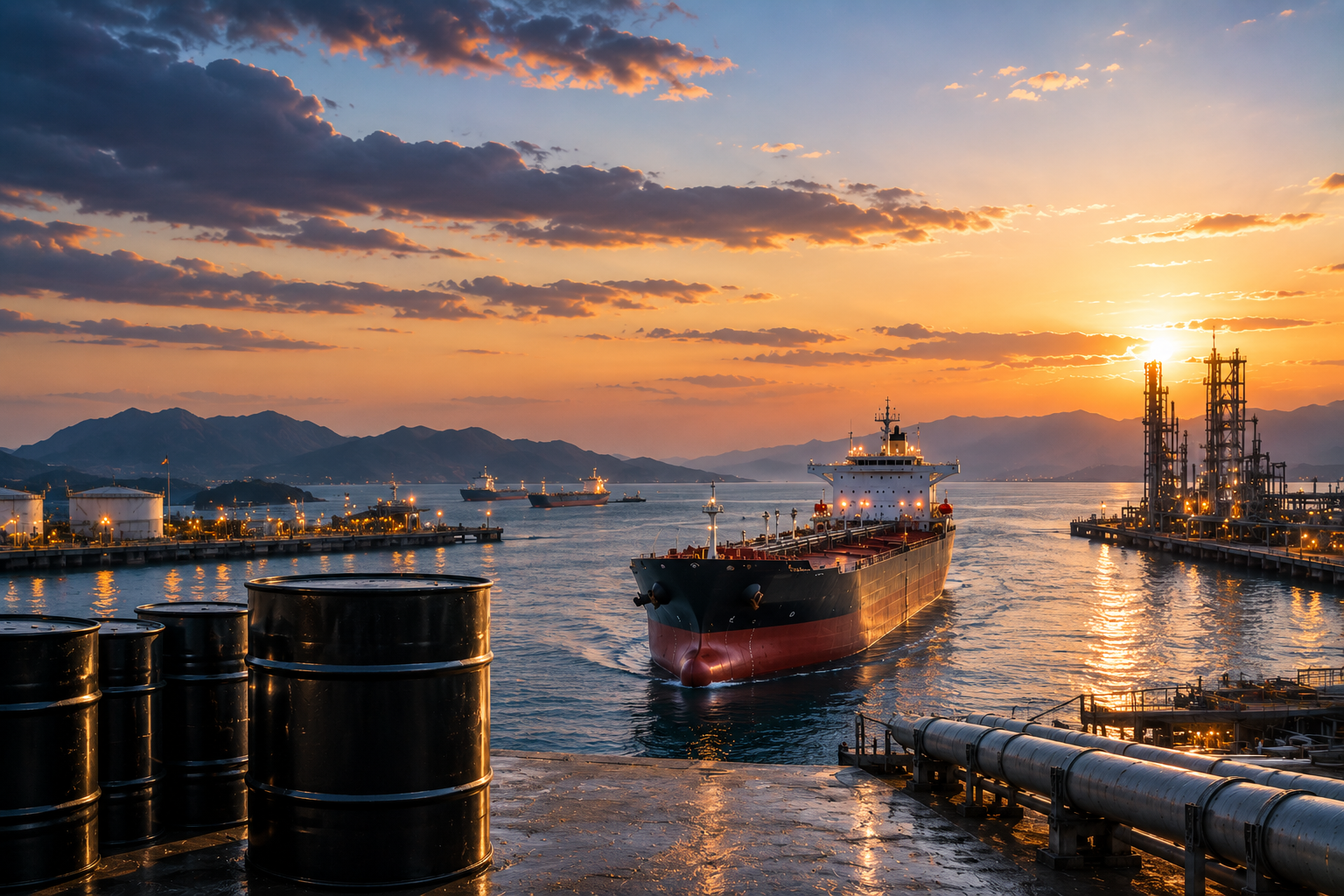 Oil tanker approaching an energy terminal at sunset near the Strait of Hormuz.